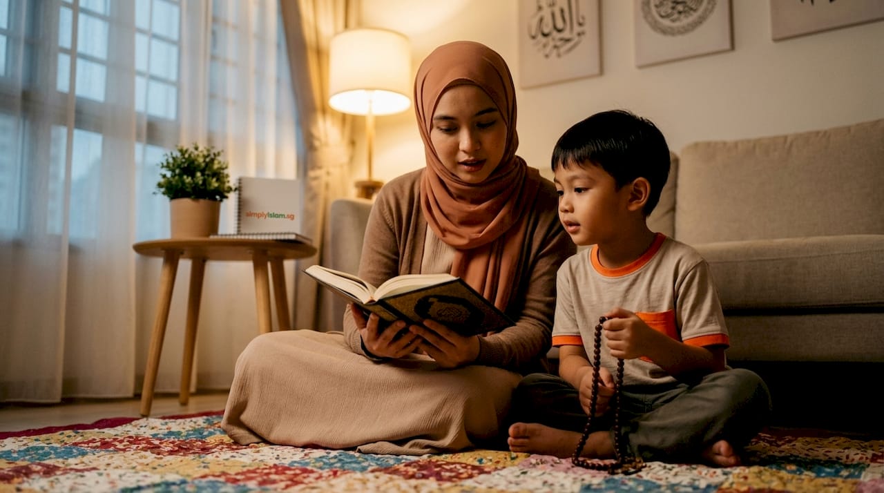 Mother teaching child Islamic morals at home