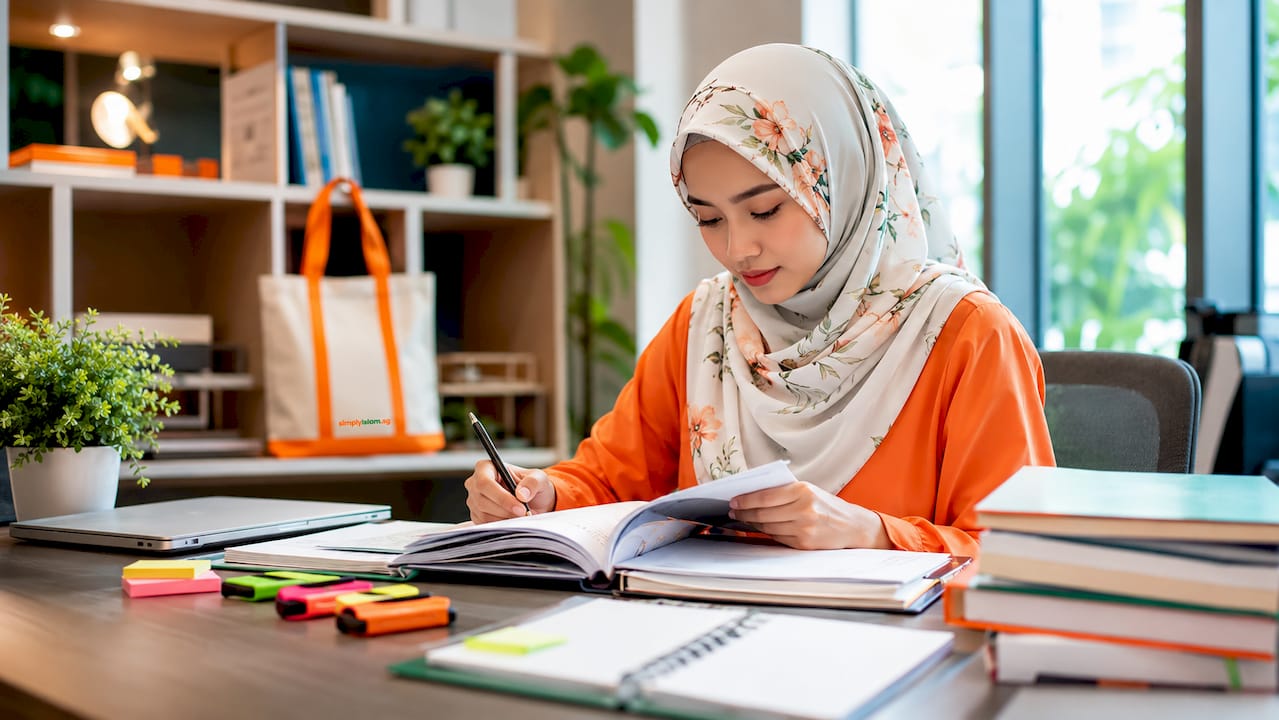 Teacher reviewing Islamic curriculum materials