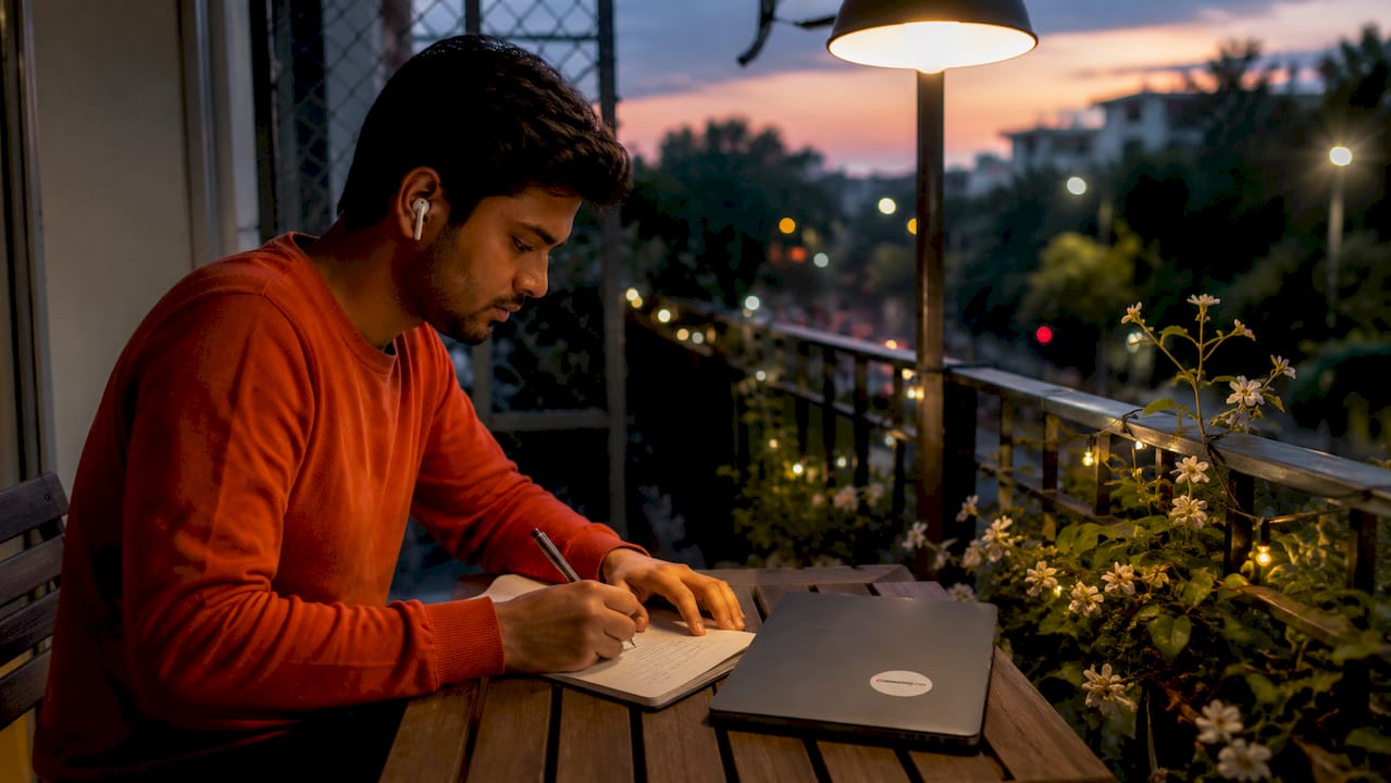 Professional studying Islamic evening class at home