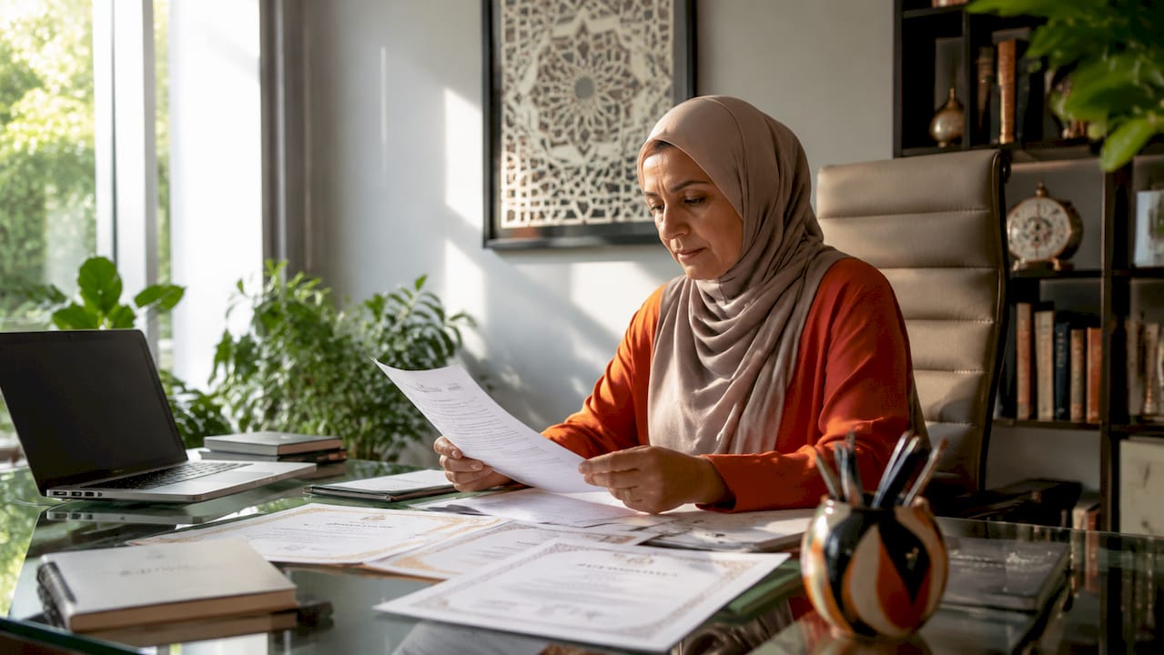 Woman reviewing Islamic tutor credentials at home study