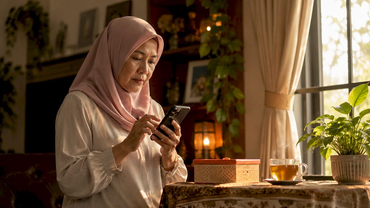 Woman donating to Islamic charity via smartphone app