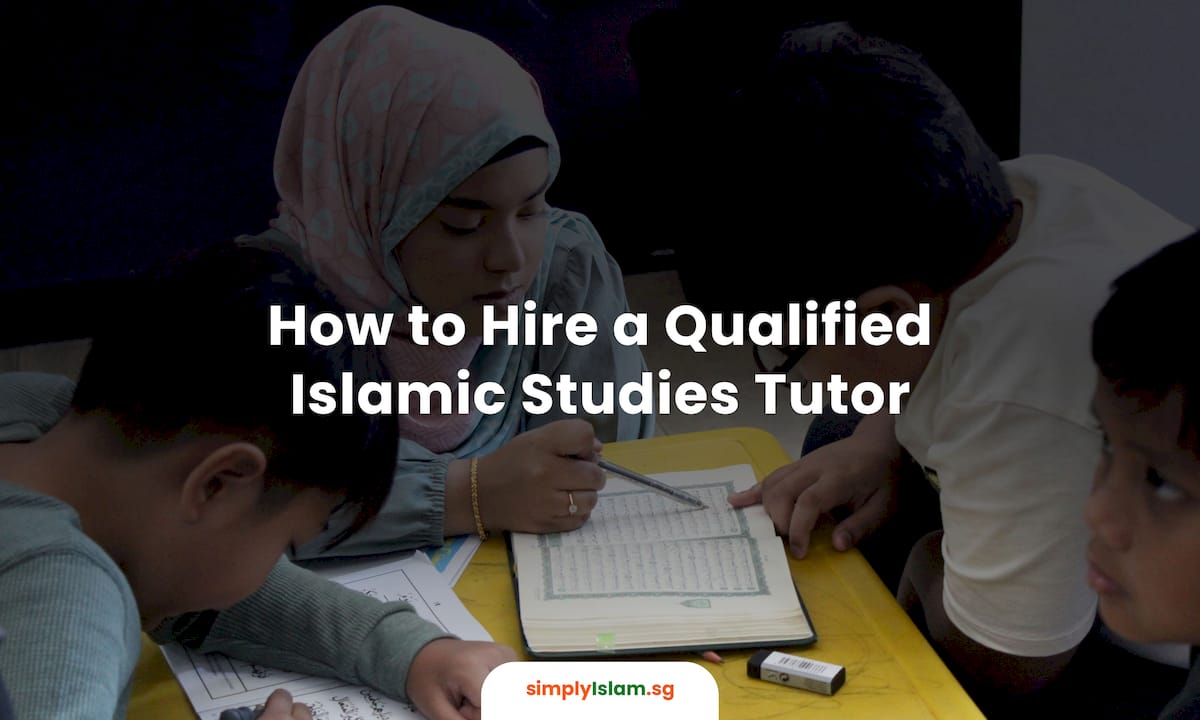 Woman reviewing Islamic tutor credentials at home study
