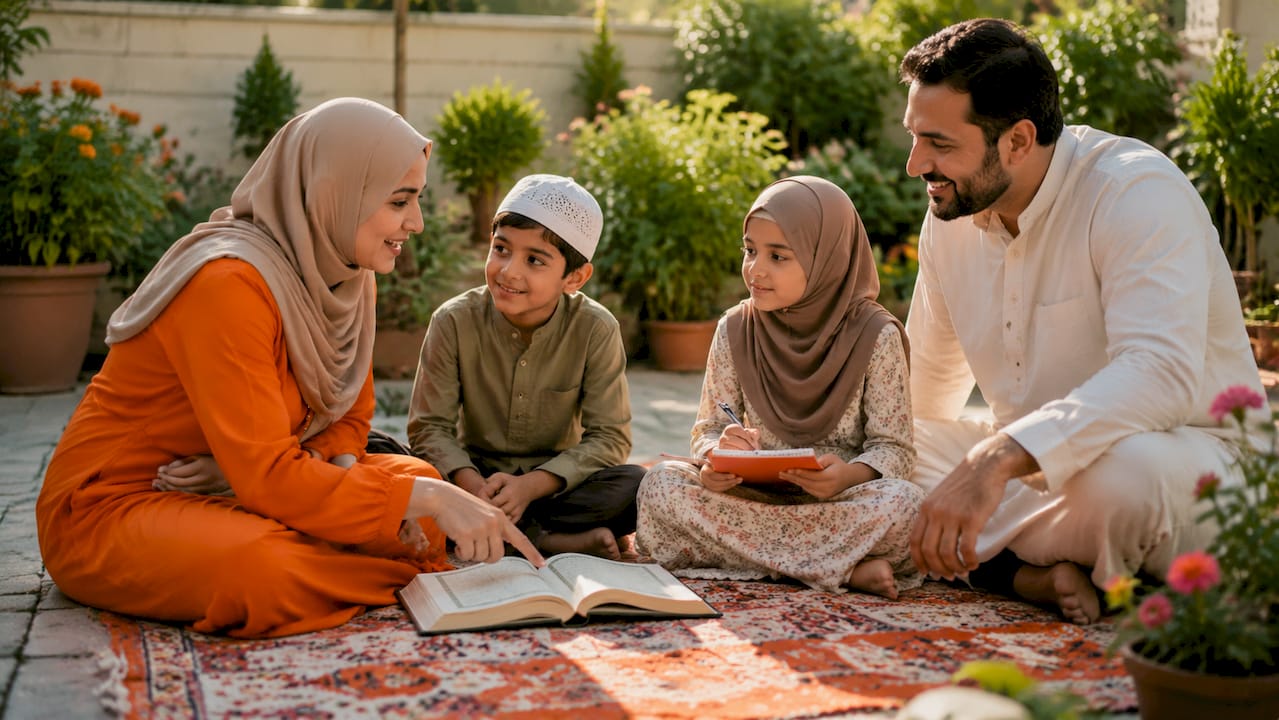 Family engaged in weekend Islamic learning at home