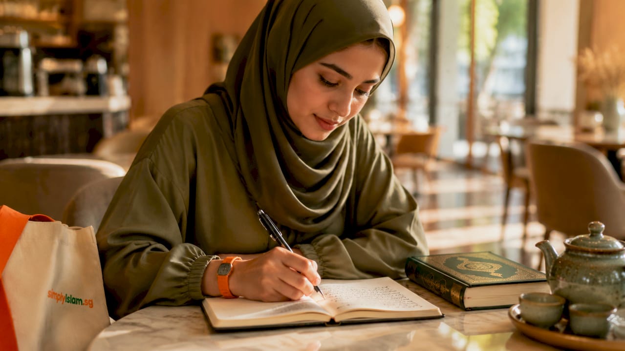 Woman studying Arabic script at desk