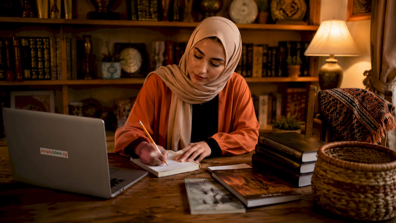Student studying Islamic history books in library
