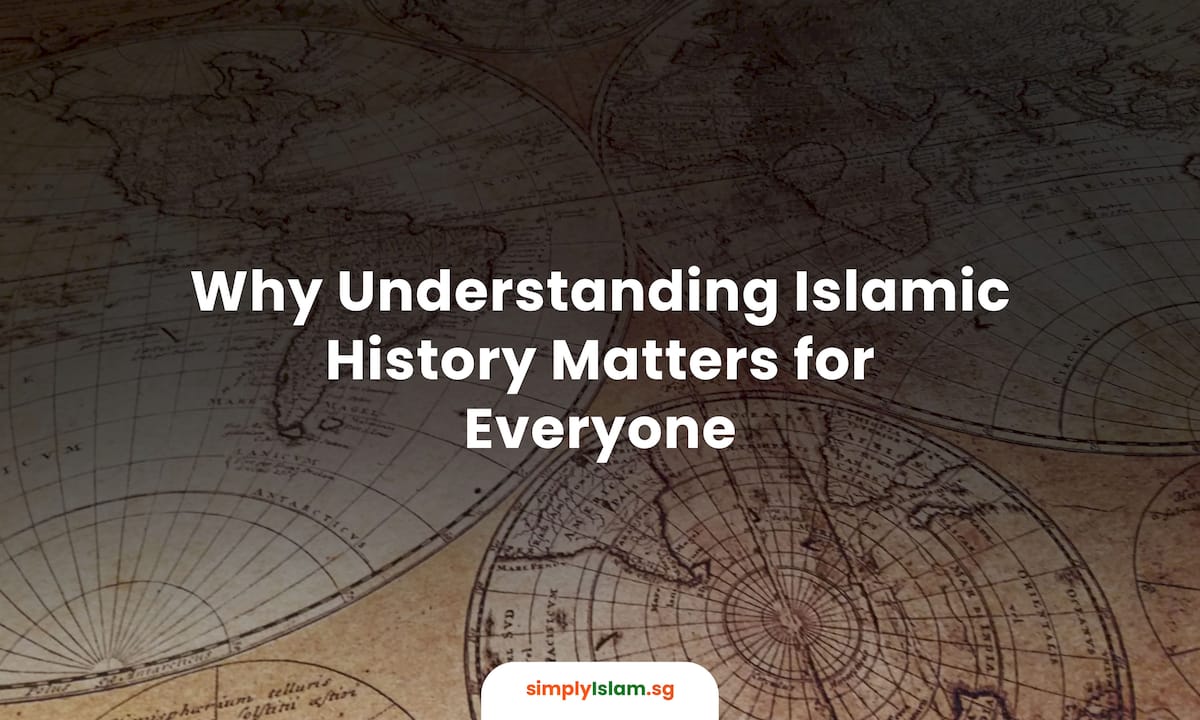 Student studying Islamic history books in library