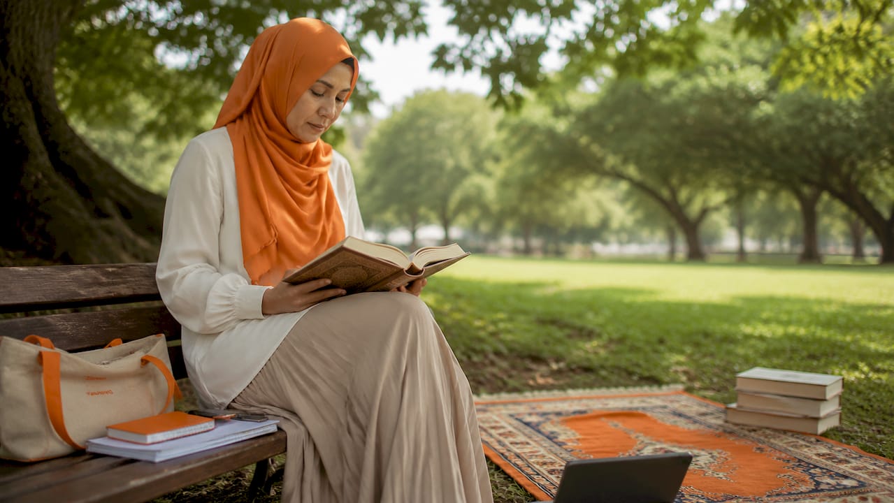 Teacher reading Quran in mosque study room