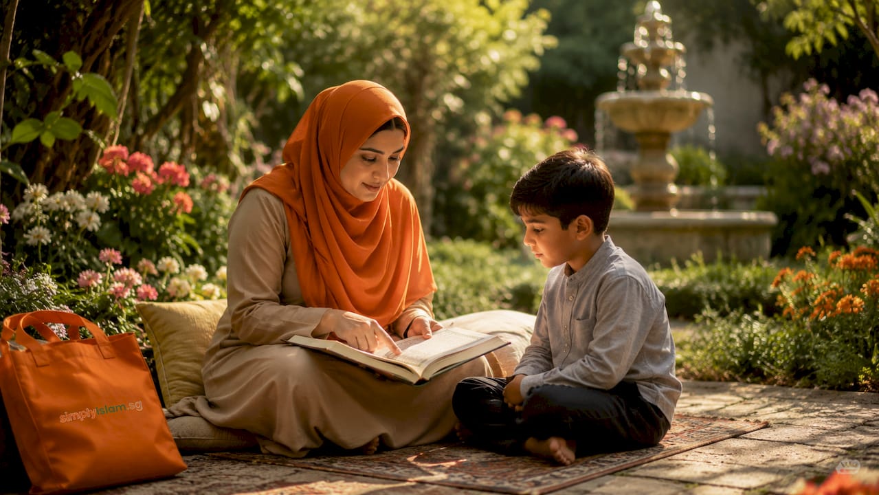 Certified Quran teacher guiding child in prayer room