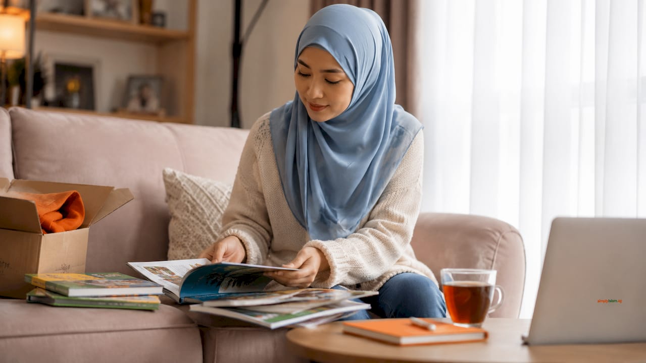 Mother reviewing Islamic curriculum books