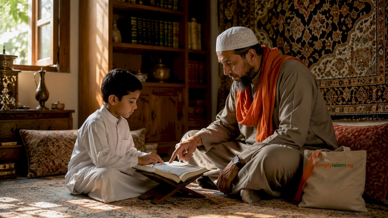 Quran teacher guiding child in home setting