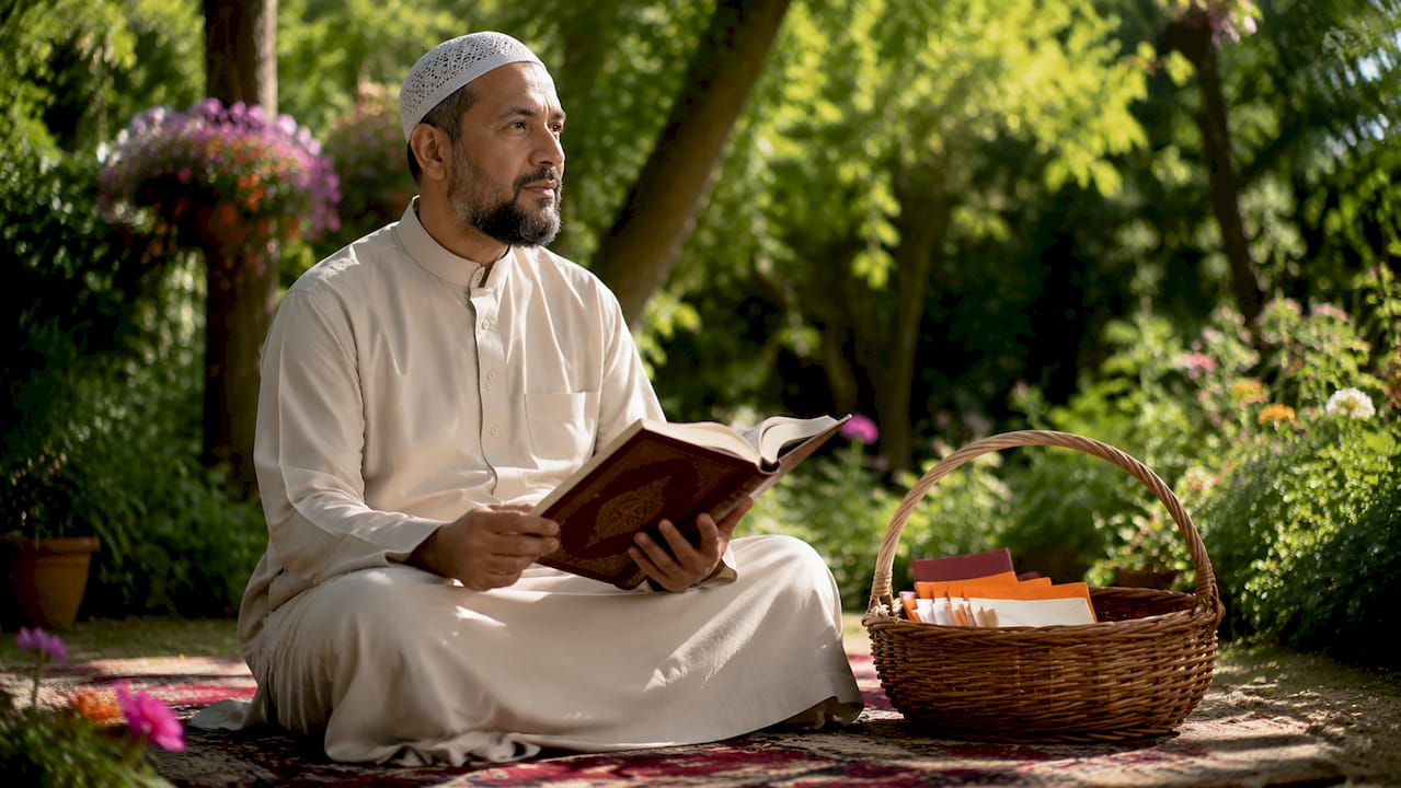 Muslim man reading Quran reflecting on charity