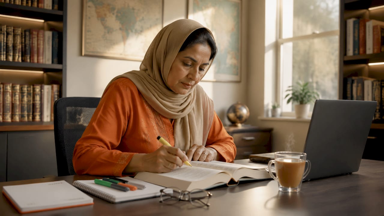 Adult woman studying Islamic history books at home