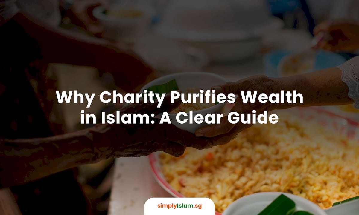 Muslim man reading Quran reflecting on charity