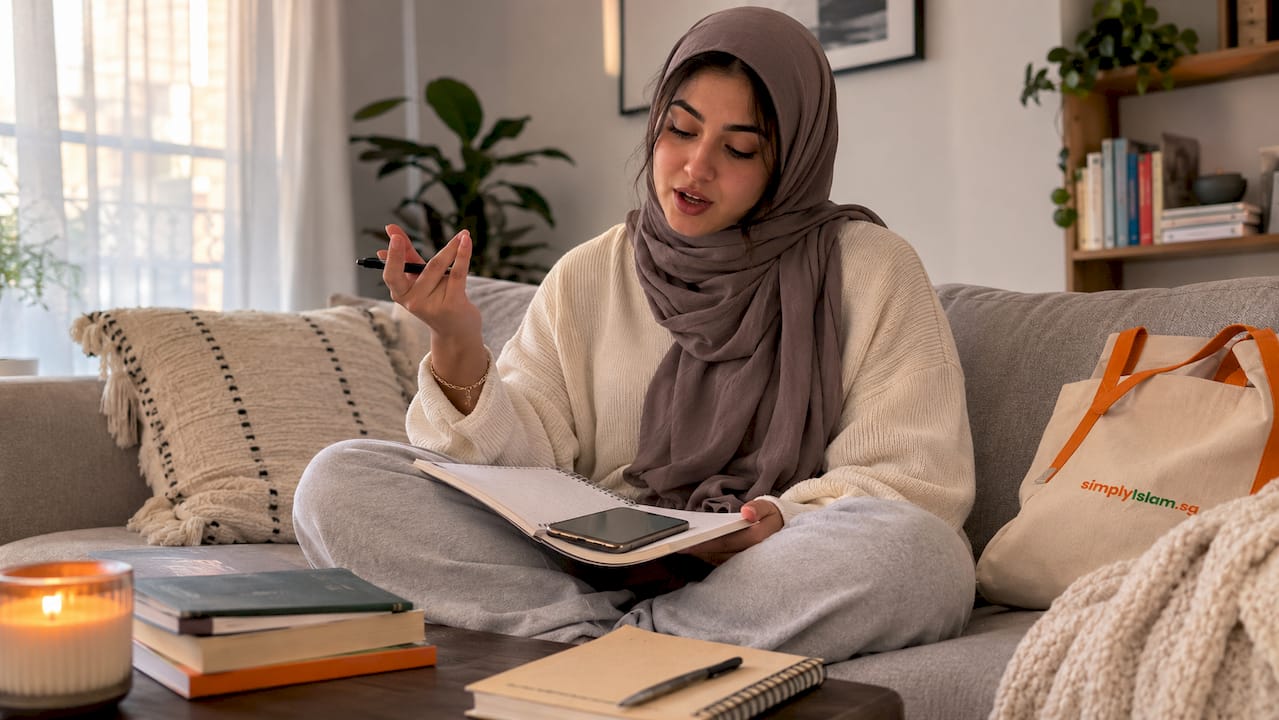 Young woman practicing Arabic conversation at home desk