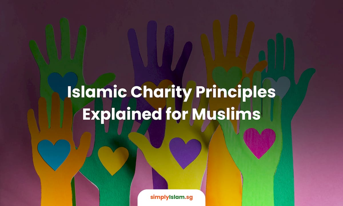 Muslim man reading Islamic charity booklet at home study