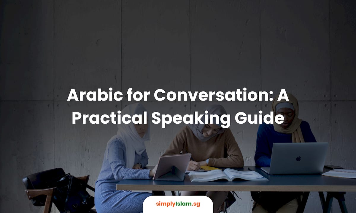 Young woman practicing Arabic conversation at home desk