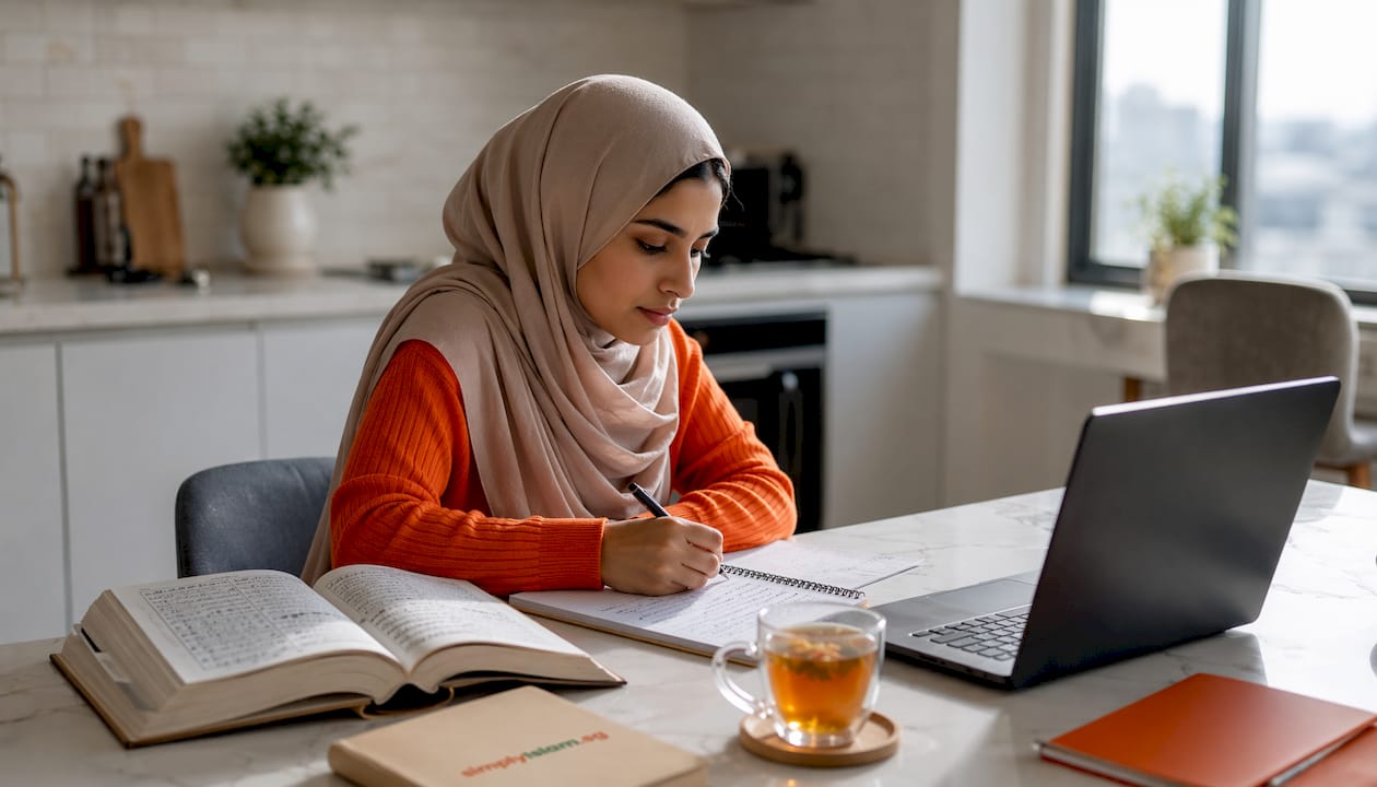 Woman studying Arabic online at home desk