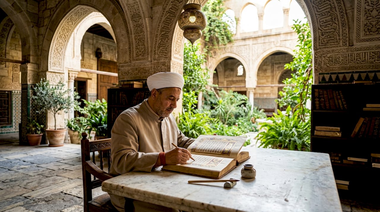 Islamic scholar reading manuscript in traditional library