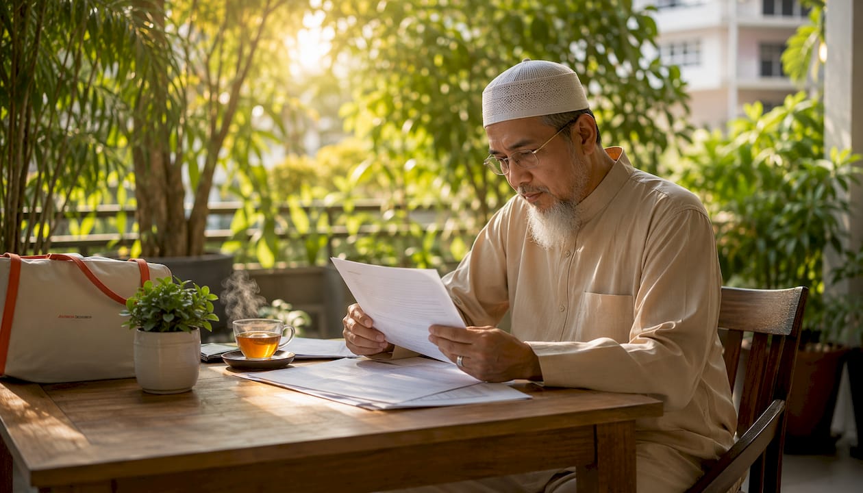 Man reviewing Muslim funeral documents at home