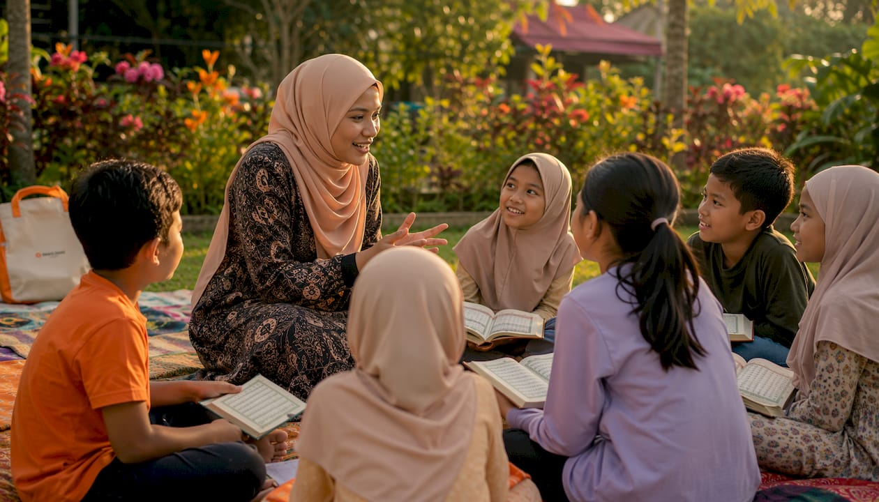 Quran instructor teaching diverse children in classroom