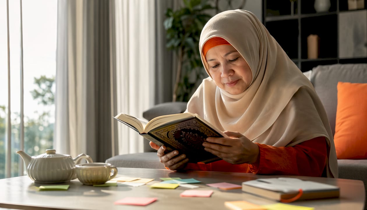 Woman reading Quran in a home study room.