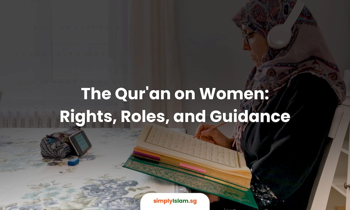Woman reading Quran in a home study room.