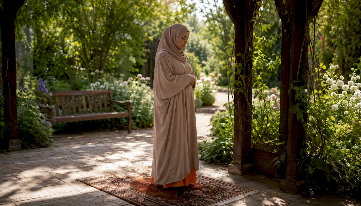 Muslim woman performing Hanafi prayer posture