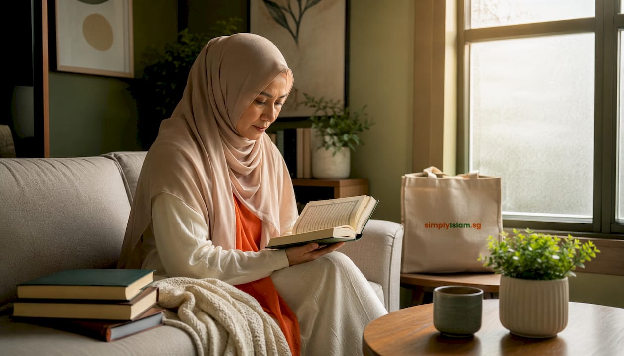 Muslim woman reading Quran peacefully indoors