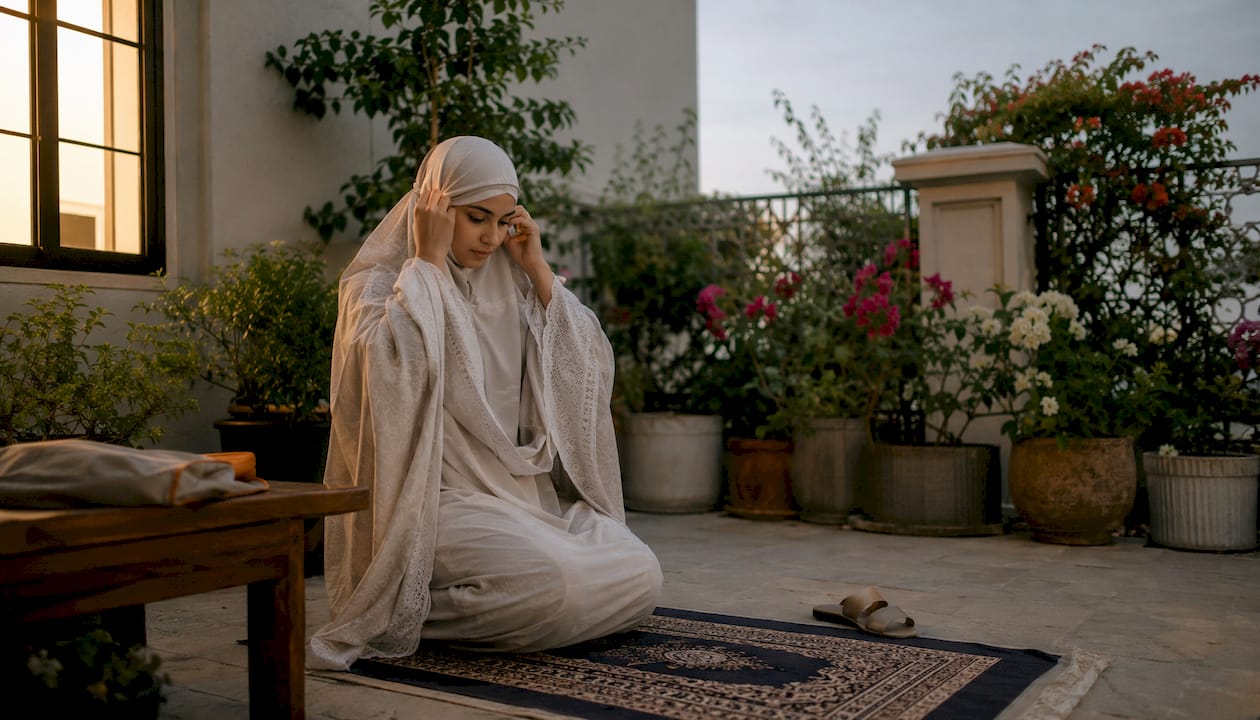 Muslim woman preparing for Salah prayer