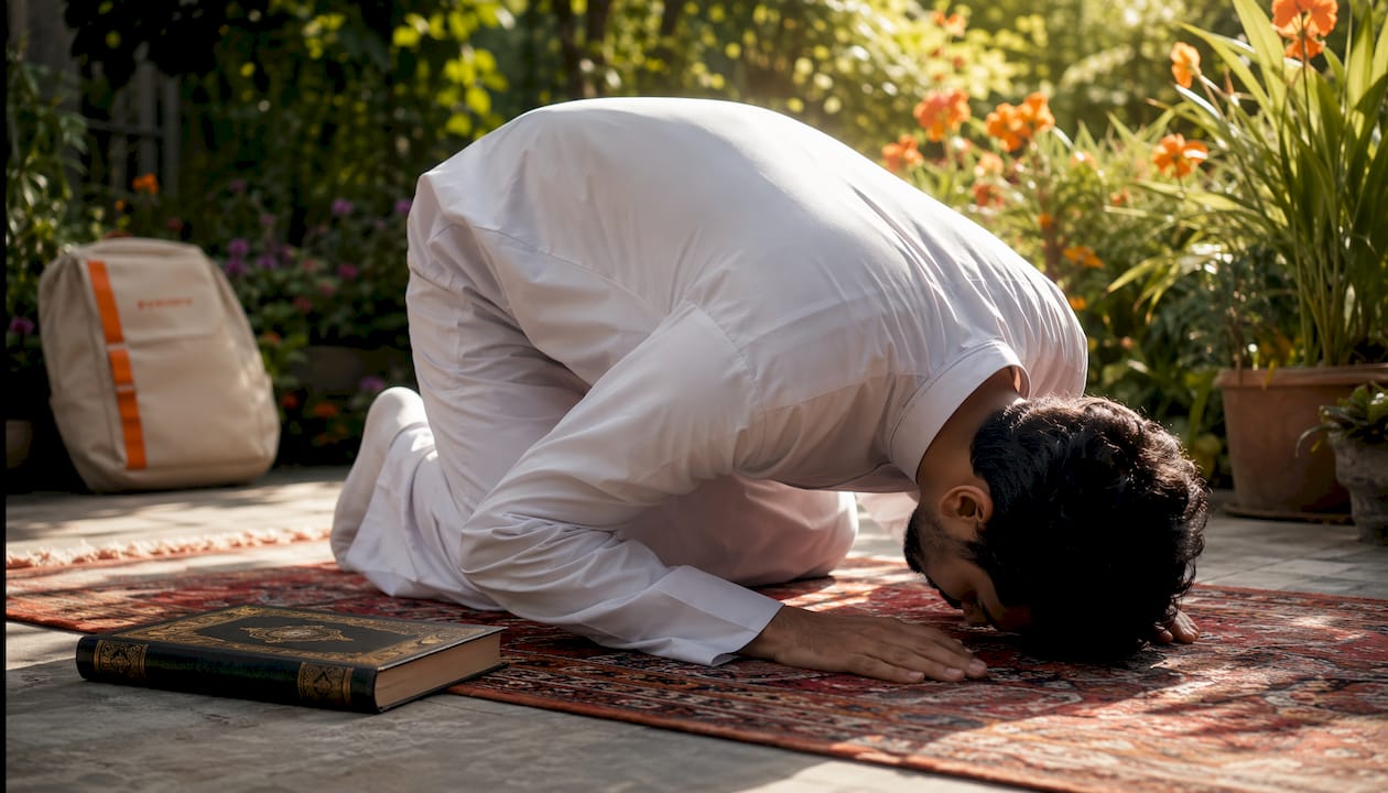 Muslim man praying with focused humility